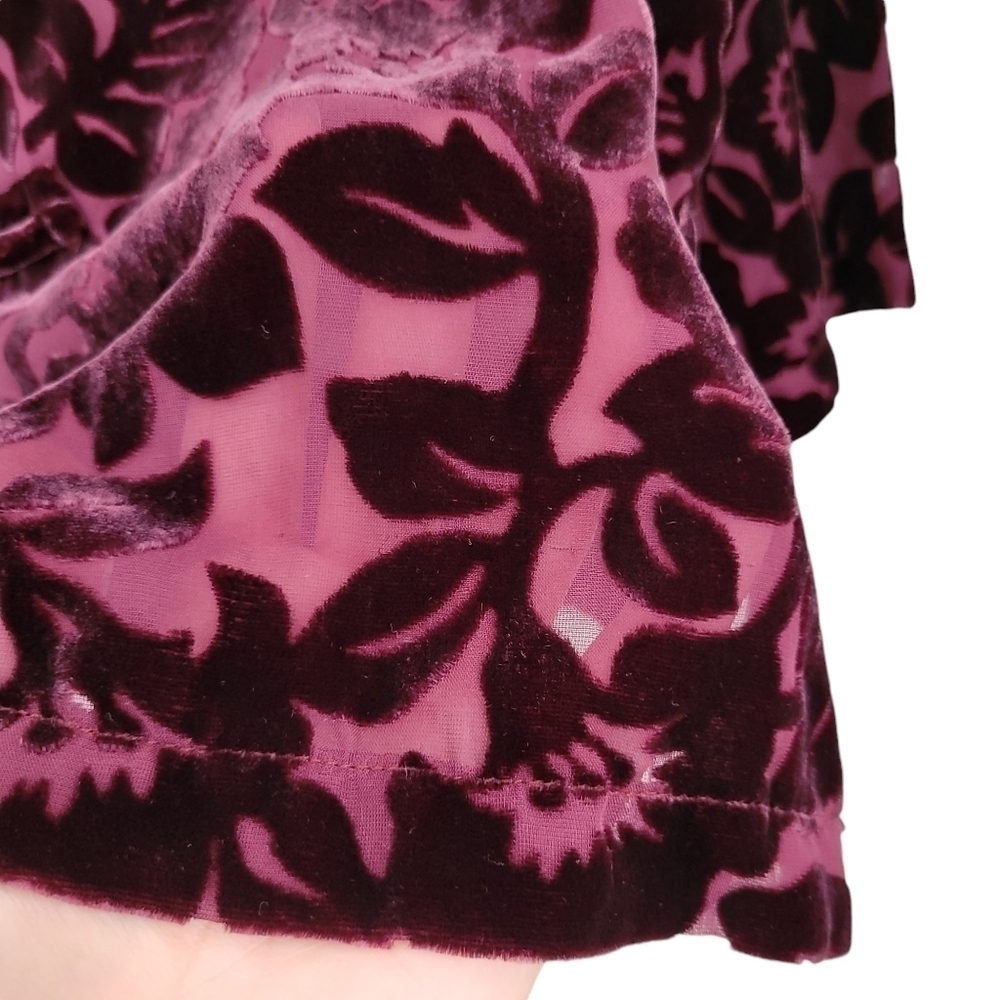 Burgundy Velvet Burnout Blouse Floral Design Asian Inspired Mandarin Collar - Picture 8 of 10